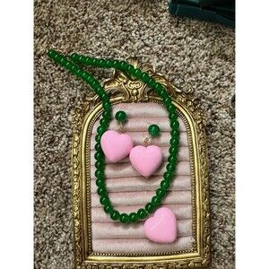 Pink Heart and Green Bead Fashion Necklace & Earrings Set, Plastic, Women